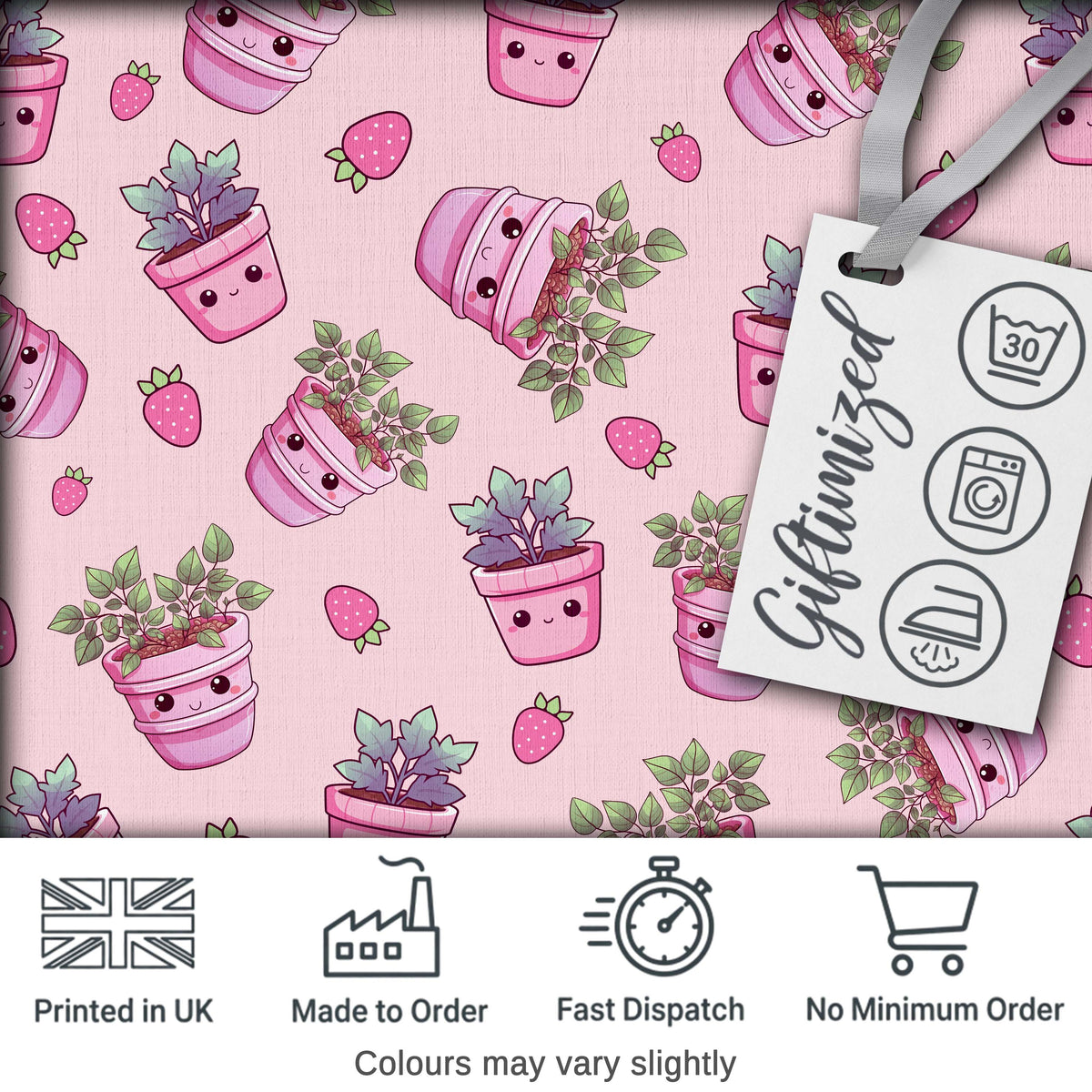 Cute Kawaii Strawberry Plant Pots Pastel Pink Seamless Pattern Digital Print Fabric by the Metre UK Sewing Quilting Textile