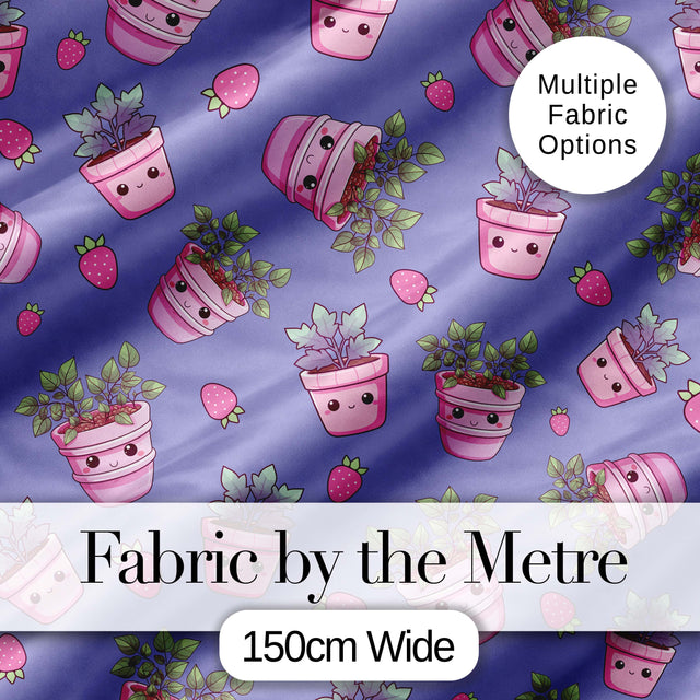 Cute Kawaii Strawberry Plant Pots Purple Background Seamless Pattern Digital Print Fabric by the Metre UK Sewing Quilting Textile