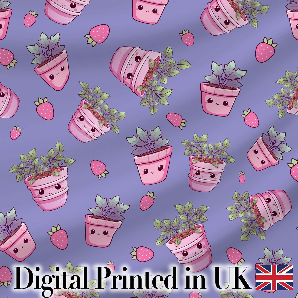 Cute Kawaii Strawberry Plant Pots Purple Background Seamless Pattern Digital Print Fabric by the Metre UK Sewing Quilting Textile
