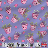 Cute Kawaii Strawberry Plant Pots Purple Background Seamless Pattern Digital Print Fabric by the Metre UK Sewing Quilting Textile