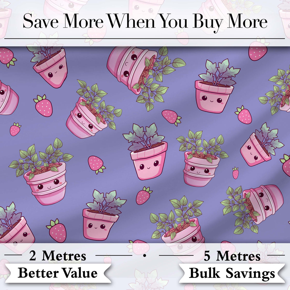 Cute Kawaii Strawberry Plant Pots Purple Background Seamless Pattern Digital Print Fabric by the Metre UK Sewing Quilting Textile