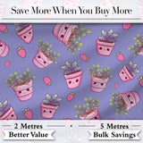 Cute Kawaii Strawberry Plant Pots Purple Background Seamless Pattern Digital Print Fabric by the Metre UK Sewing Quilting Textile
