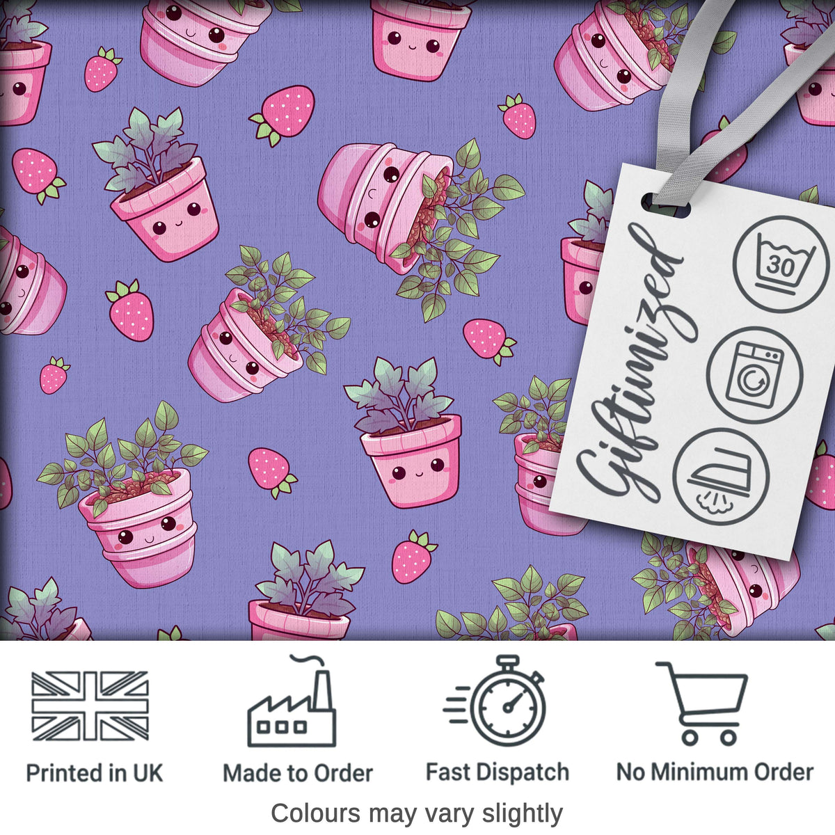 Cute Kawaii Strawberry Plant Pots Purple Background Seamless Pattern Digital Print Fabric by the Metre UK Sewing Quilting Textile