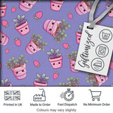 Cute Kawaii Strawberry Plant Pots Purple Background Seamless Pattern Digital Print Fabric by the Metre UK Sewing Quilting Textile