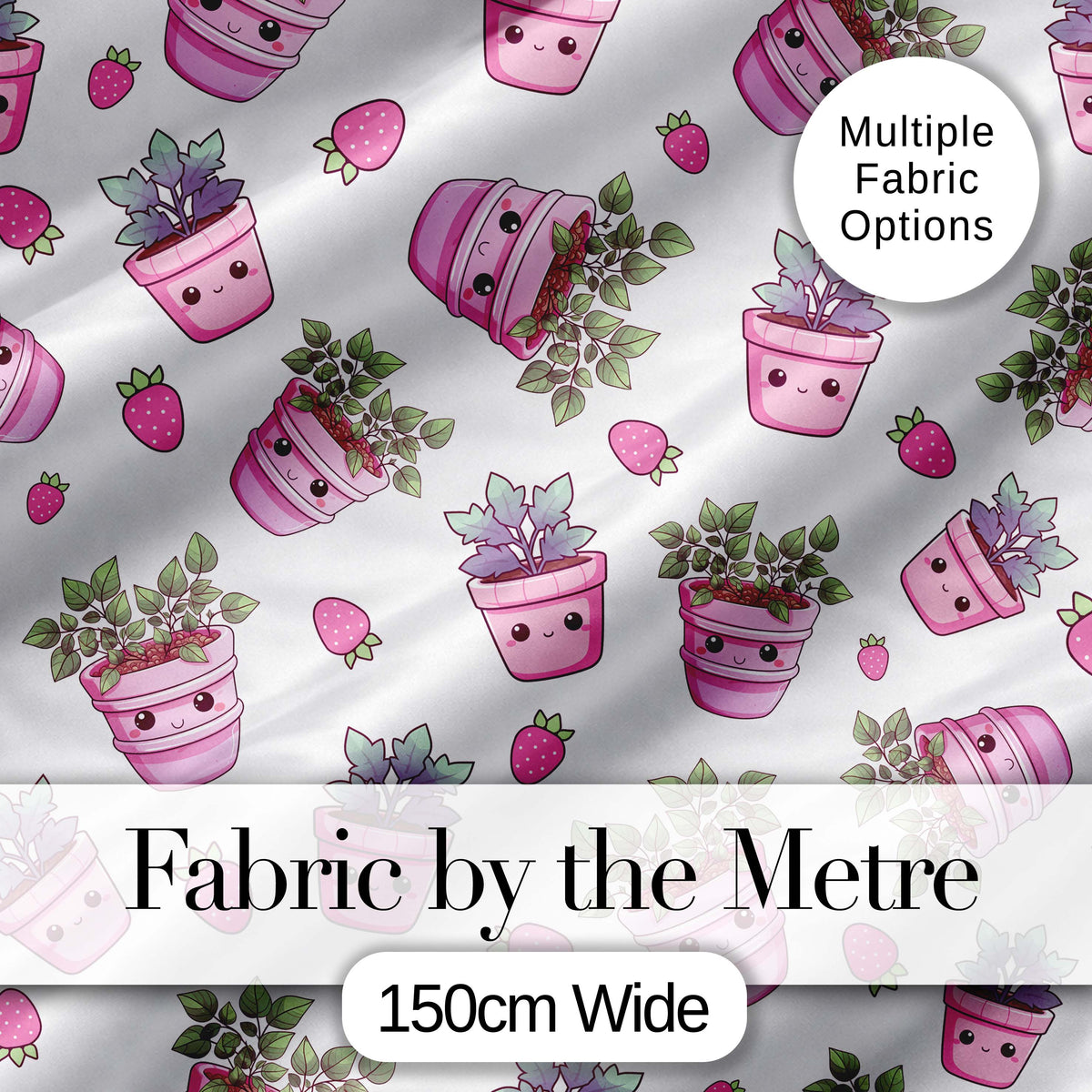 Cute Kawaii Strawberry Plant Pots Grey Background Seamless Pattern Digital Print Fabric by the Metre UK Sewing Quilting Textile