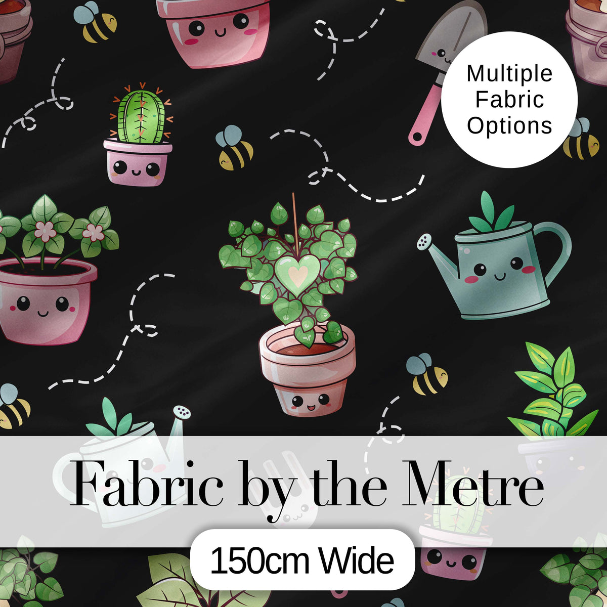 Cute Kawaii Garden Tools Plants Bees Black Seamless Pattern Digital Print Fabric by the Metre UK Sewing Quilting Textile