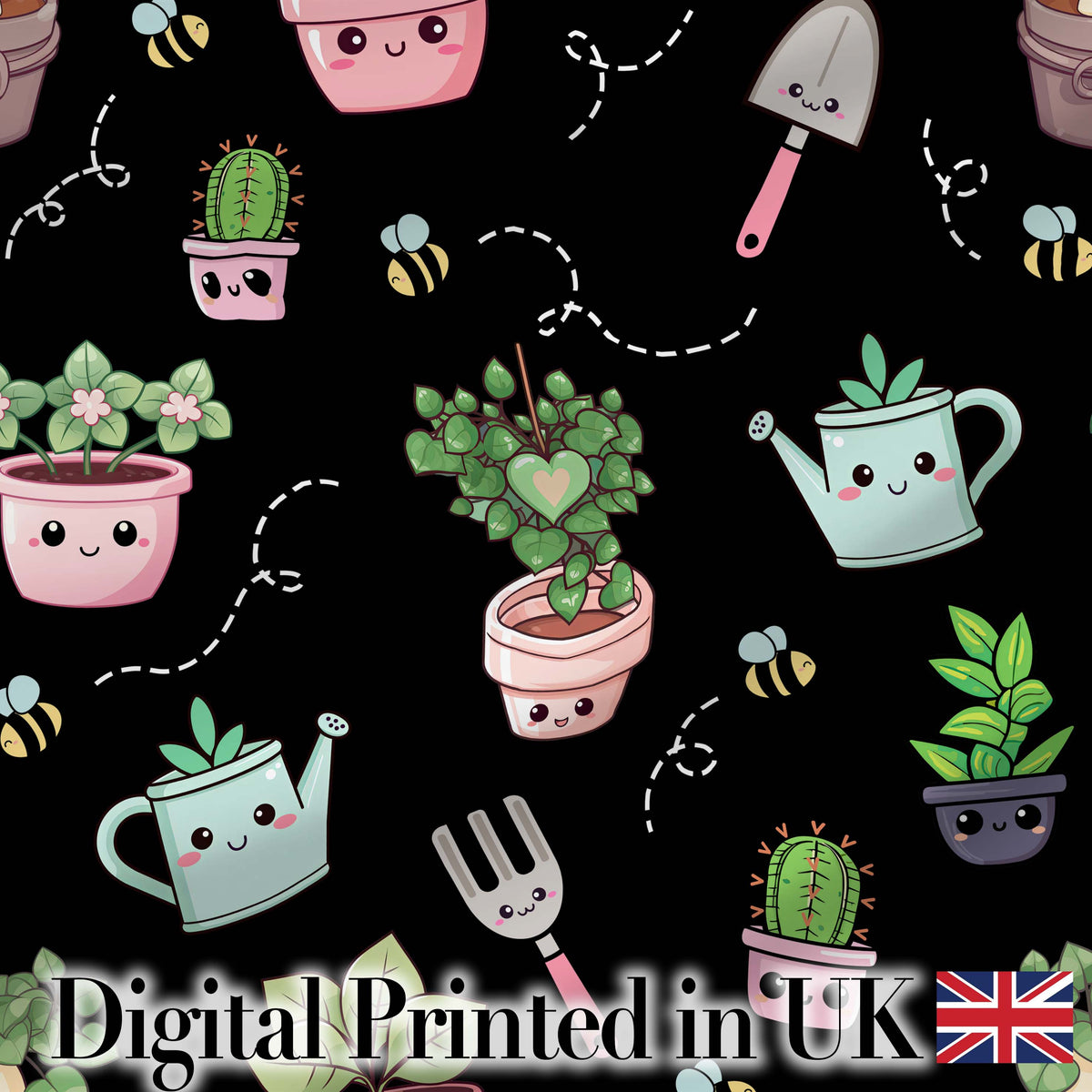 Cute Kawaii Garden Tools Plants Bees Black Seamless Pattern Digital Print Fabric by the Metre UK Sewing Quilting Textile