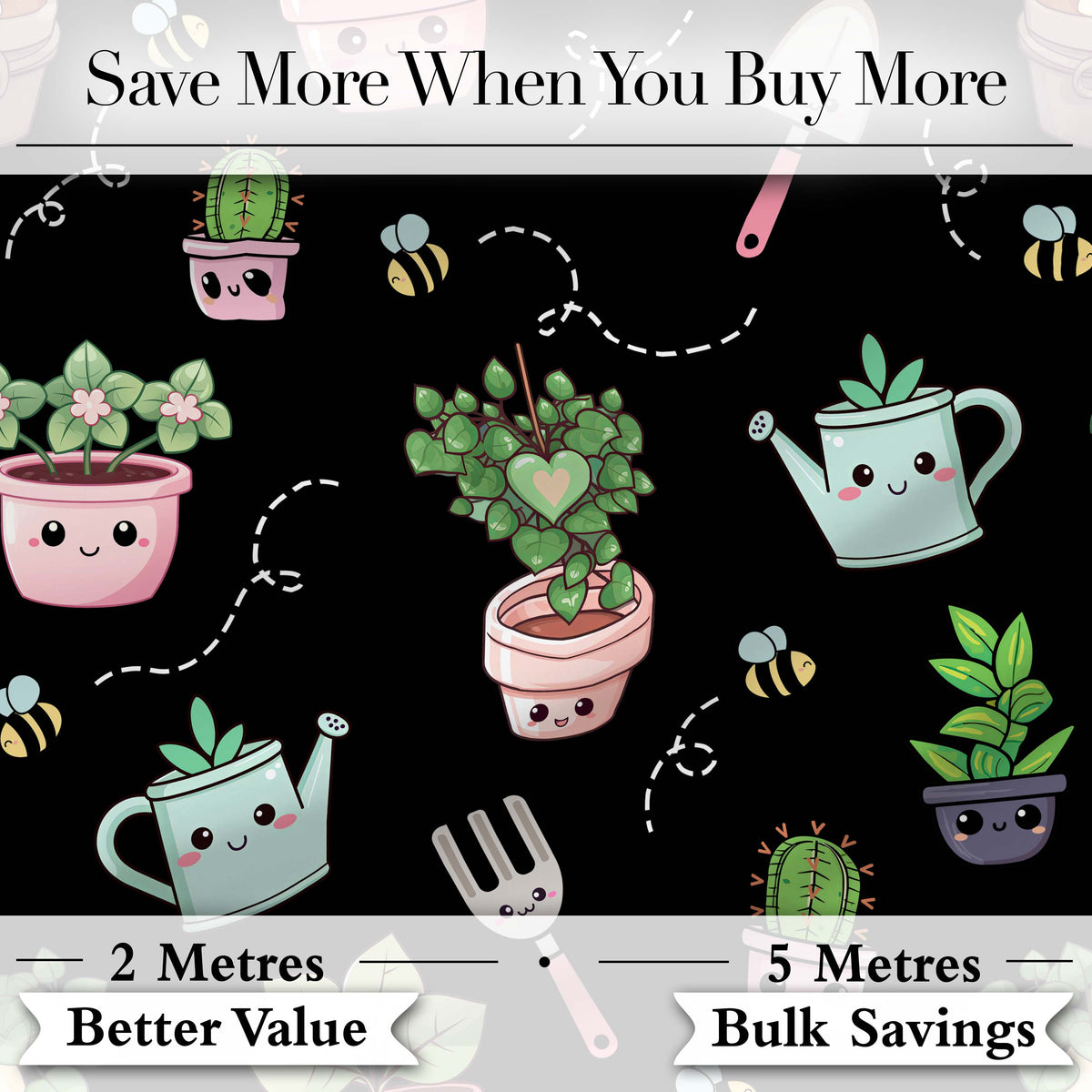 Cute Kawaii Garden Tools Plants Bees Black Seamless Pattern Digital Print Fabric by the Metre UK Sewing Quilting Textile