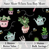 Cute Kawaii Garden Tools Plants Bees Black Seamless Pattern Digital Print Fabric by the Metre UK Sewing Quilting Textile