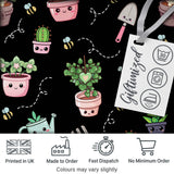 Cute Kawaii Garden Tools Plants Bees Black Seamless Pattern Digital Print Fabric by the Metre UK Sewing Quilting Textile