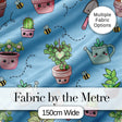 Cute Kawaii Garden Tools Plants Bees Blue Background Seamless Pattern Digital Print Fabric by the Metre UK Sewing Quilting Textile