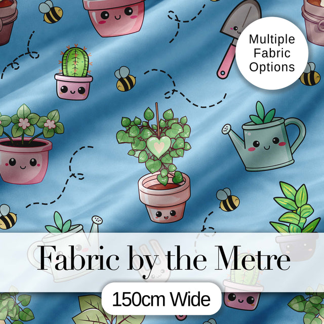 Cute Kawaii Garden Tools Plants Bees Blue Background Seamless Pattern Digital Print Fabric by the Metre UK Sewing Quilting Textile