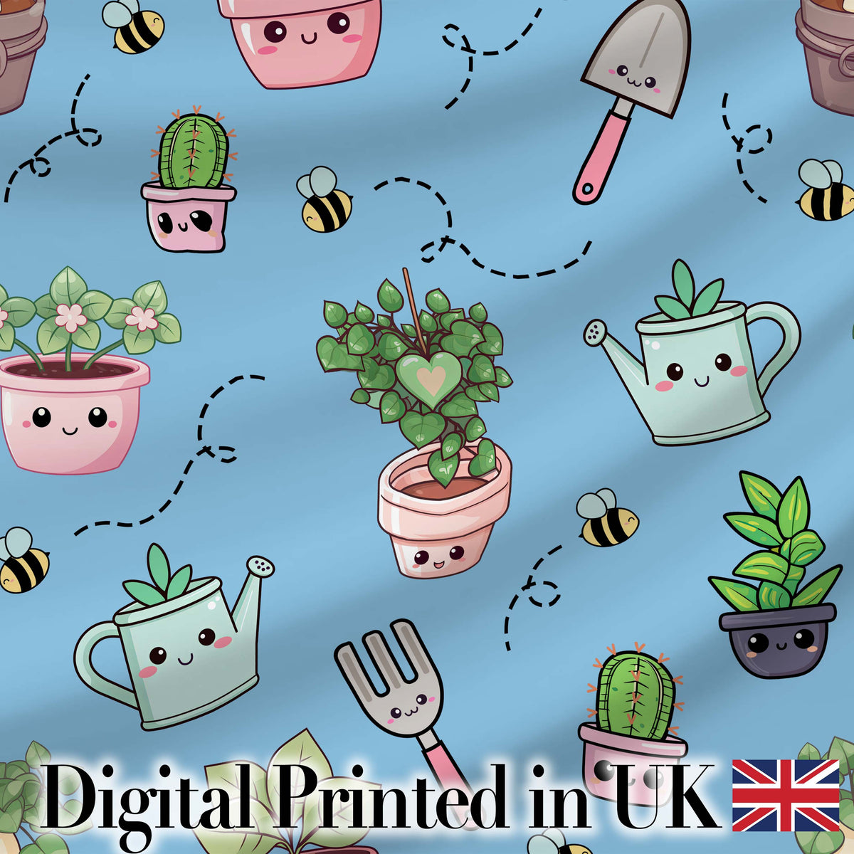 Cute Kawaii Garden Tools Plants Bees Blue Background Seamless Pattern Digital Print Fabric by the Metre UK Sewing Quilting Textile