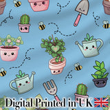 Cute Kawaii Garden Tools Plants Bees Blue Background Seamless Pattern Digital Print Fabric by the Metre UK Sewing Quilting Textile