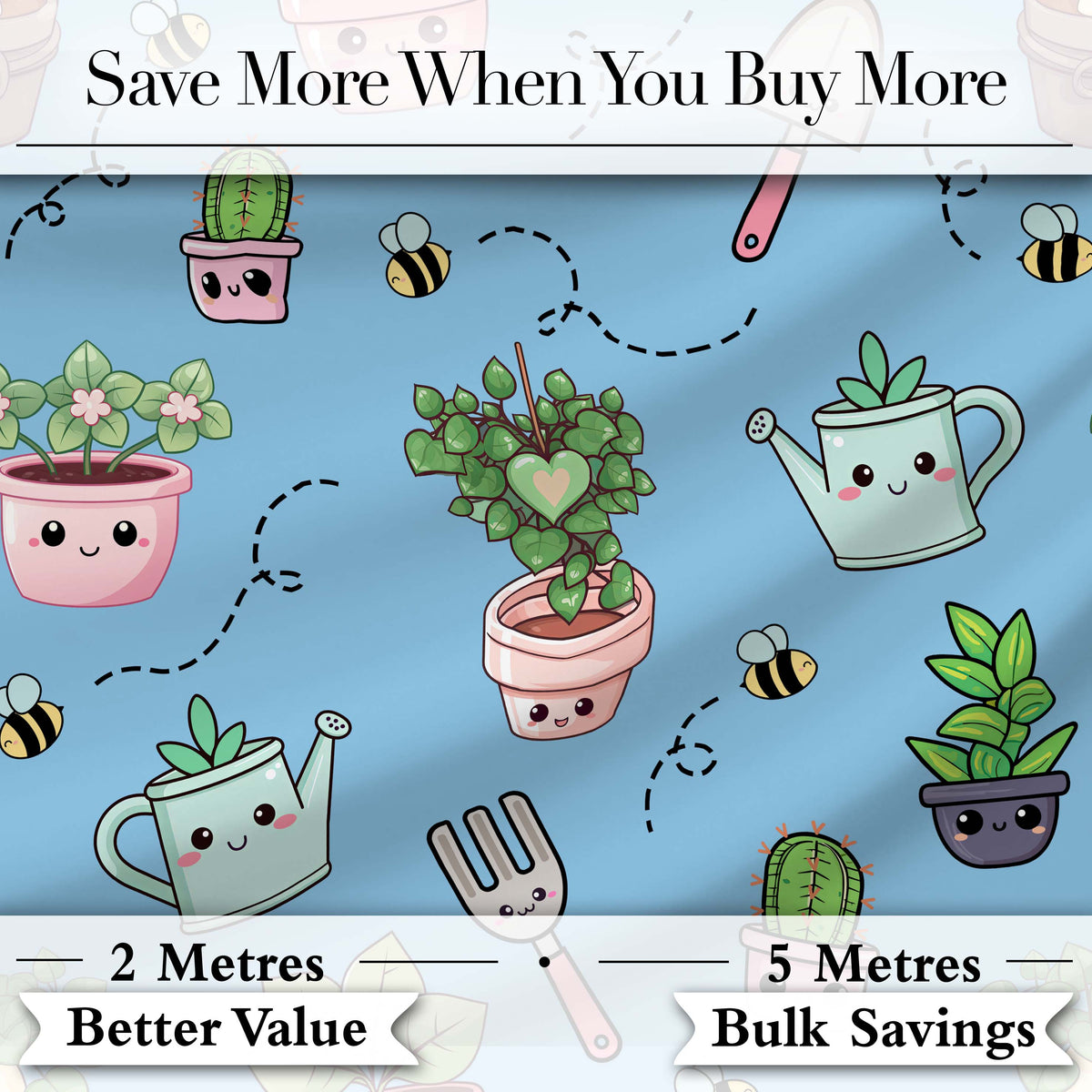 Cute Kawaii Garden Tools Plants Bees Blue Background Seamless Pattern Digital Print Fabric by the Metre UK Sewing Quilting Textile