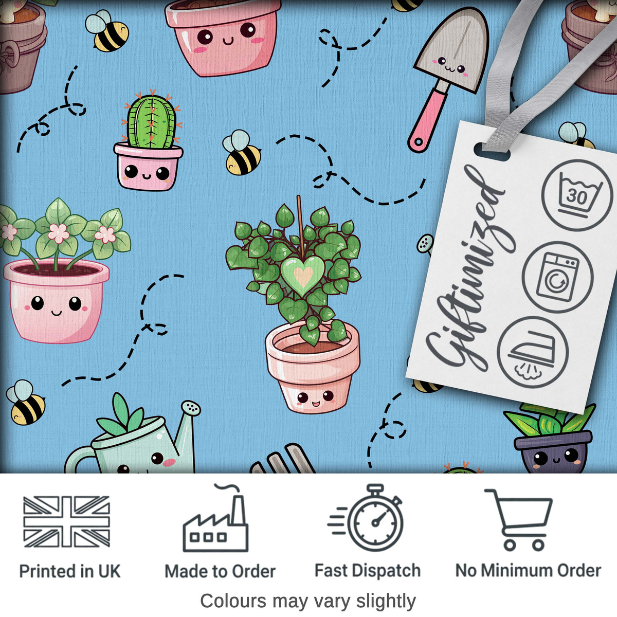 Cute Kawaii Garden Tools Plants Bees Blue Background Seamless Pattern Digital Print Fabric by the Metre UK Sewing Quilting Textile