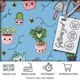 Cute Kawaii Garden Tools Plants Bees Blue Background Seamless Pattern Digital Print Fabric by the Metre UK Sewing Quilting Textile
