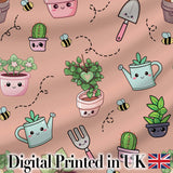 Cute Kawaii Garden Tools Plants Bees Peach Background Seamless Pattern Digital Print Fabric by the Metre UK Sewing Quilting Textile