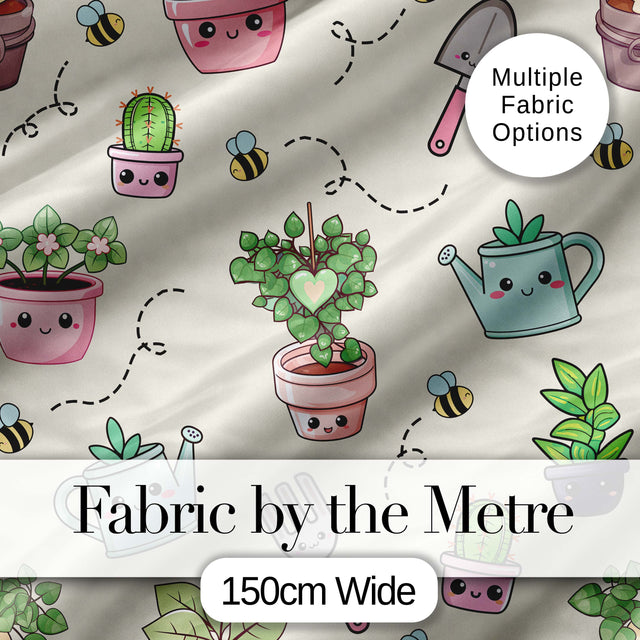 Cute Kawaii Garden Tools Plants Bees Cream Background Seamless Pattern Digital Print Fabric by the Metre UK Sewing Quilting Textile