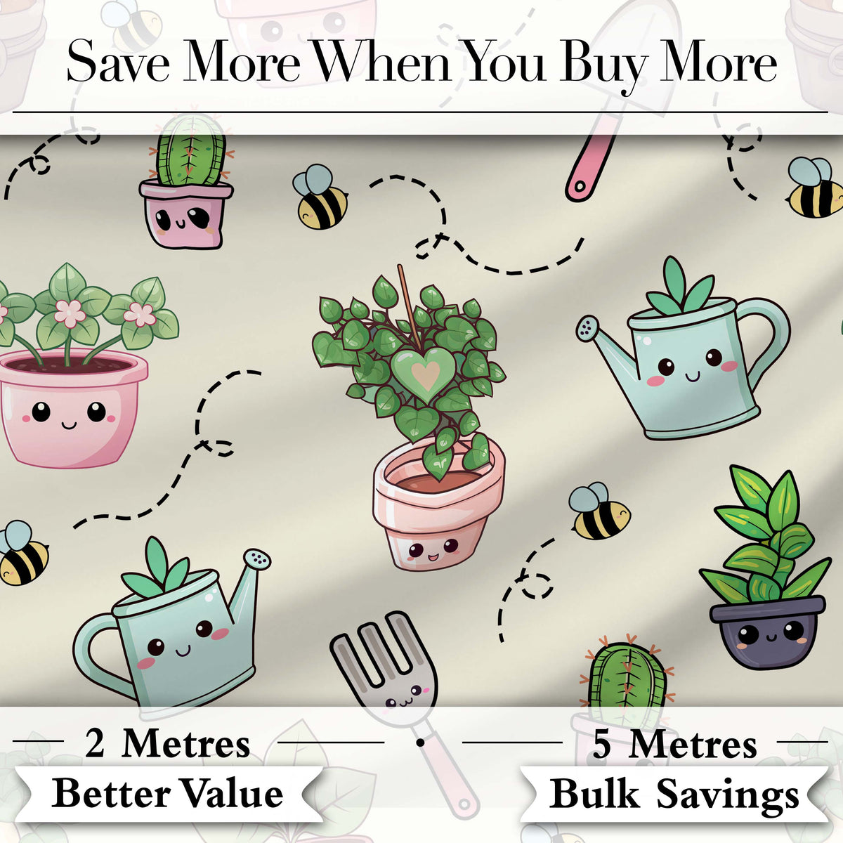 Cute Kawaii Garden Tools Plants Bees Cream Background Seamless Pattern Digital Print Fabric by the Metre UK Sewing Quilting Textile