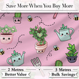Cute Kawaii Garden Tools Plants Bees Soft Pink Background Seamless Pattern Digital Print Fabric by the Metre UK Sewing Quilting Textile
