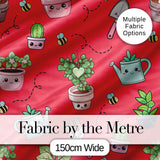 Cute Kawaii Garden Tools Plants Bees Red Background Seamless Pattern Digital Print Fabric by the Metre UK Sewing Quilting Textile