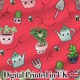 Cute Kawaii Garden Tools Plants Bees Red Background Seamless Pattern Digital Print Fabric by the Metre UK Sewing Quilting Textile