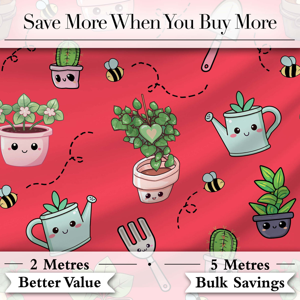 Cute Kawaii Garden Tools Plants Bees Red Background Seamless Pattern Digital Print Fabric by the Metre UK Sewing Quilting Textile