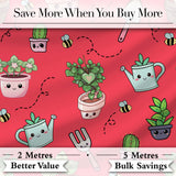 Cute Kawaii Garden Tools Plants Bees Red Background Seamless Pattern Digital Print Fabric by the Metre UK Sewing Quilting Textile