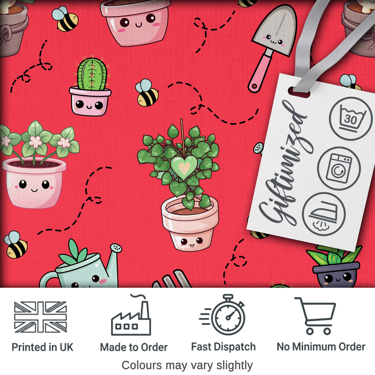 Cute Kawaii Garden Tools Plants Bees Red Background Seamless Pattern Digital Print Fabric by the Metre UK Sewing Quilting Textile