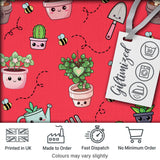 Cute Kawaii Garden Tools Plants Bees Red Background Seamless Pattern Digital Print Fabric by the Metre UK Sewing Quilting Textile
