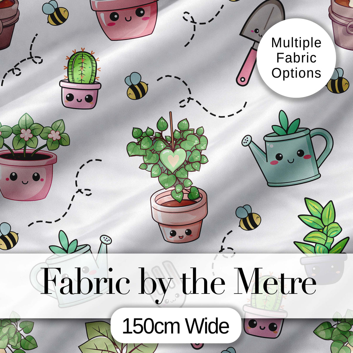 Cute Kawaii Garden Tools Plants Bees Grey Background Seamless Pattern Digital Print Fabric by the Metre UK Sewing Quilting Textile
