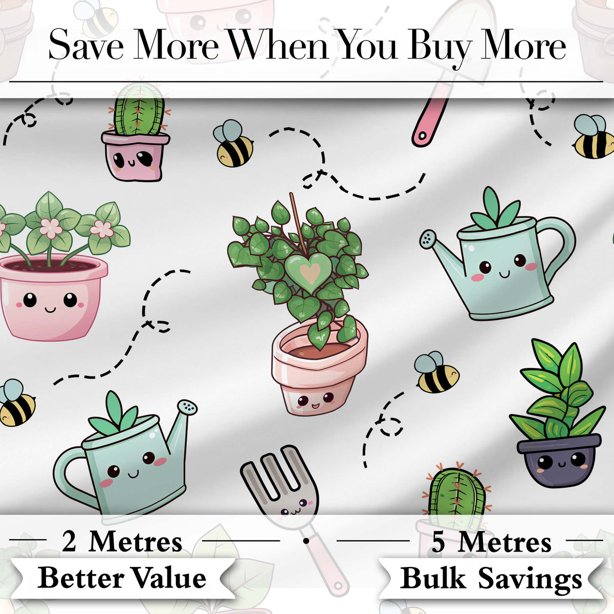 Cute Kawaii Garden Tools Plants Bees Grey Background Seamless Pattern Digital Print Fabric by the Metre UK Sewing Quilting Textile
