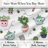 Cute Kawaii Garden Tools Plants Bees Grey Background Seamless Pattern Digital Print Fabric by the Metre UK Sewing Quilting Textile