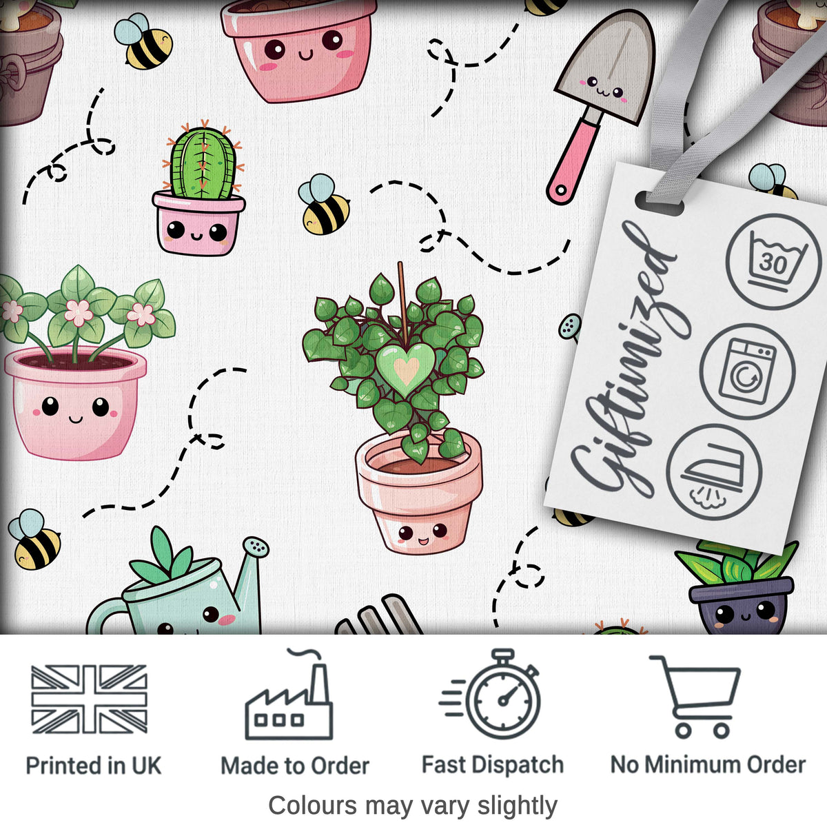 Cute Kawaii Garden Tools Plants Bees Grey Background Seamless Pattern Digital Print Fabric by the Metre UK Sewing Quilting Textile