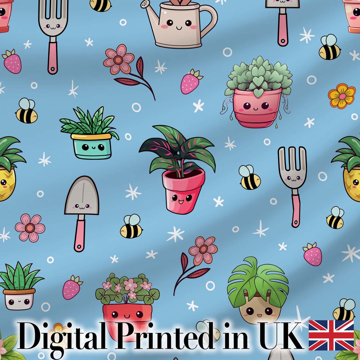 Cute Kawaii Garden Tools Flowers Bees Blue Background Seamless Pattern Digital Print Fabric by the Metre UK Sewing Quilting Textile