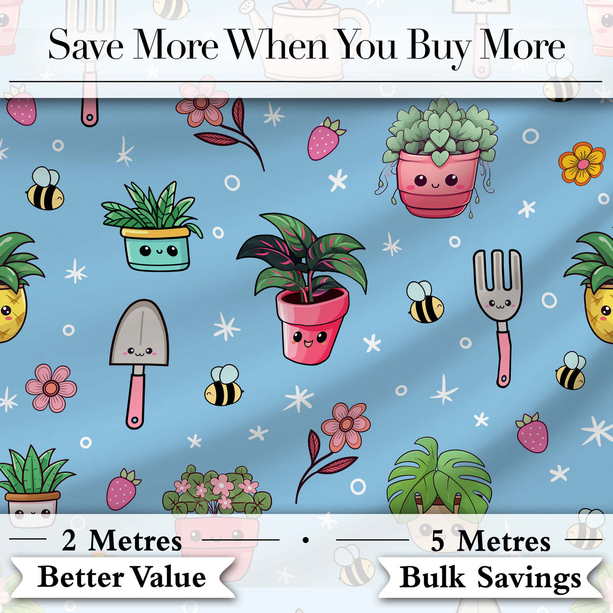 Cute Kawaii Garden Tools Flowers Bees Blue Background Seamless Pattern Digital Print Fabric by the Metre UK Sewing Quilting Textile