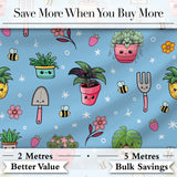 Cute Kawaii Garden Tools Flowers Bees Blue Background Seamless Pattern Digital Print Fabric by the Metre UK Sewing Quilting Textile