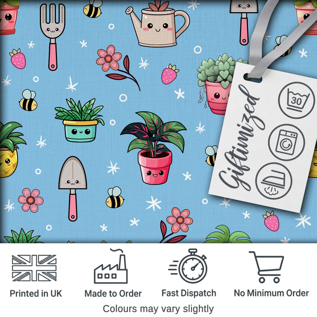 Cute Kawaii Garden Tools Flowers Bees Blue Background Seamless Pattern Digital Print Fabric by the Metre UK Sewing Quilting Textile