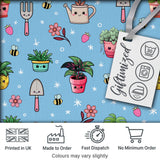Cute Kawaii Garden Tools Flowers Bees Blue Background Seamless Pattern Digital Print Fabric by the Metre UK Sewing Quilting Textile