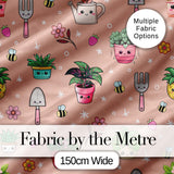 Cute Kawaii Garden Tools Flowers Bees Peach Background Seamless Pattern Digital Print Fabric by the Metre UK Sewing Quilting Textile