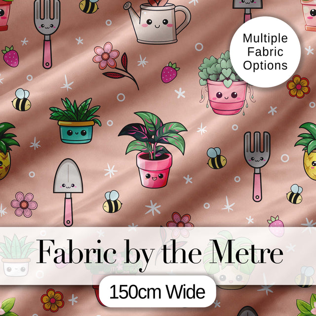 Cute Kawaii Garden Tools Flowers Bees Peach Background Seamless Pattern Digital Print Fabric by the Metre UK Sewing Quilting Textile