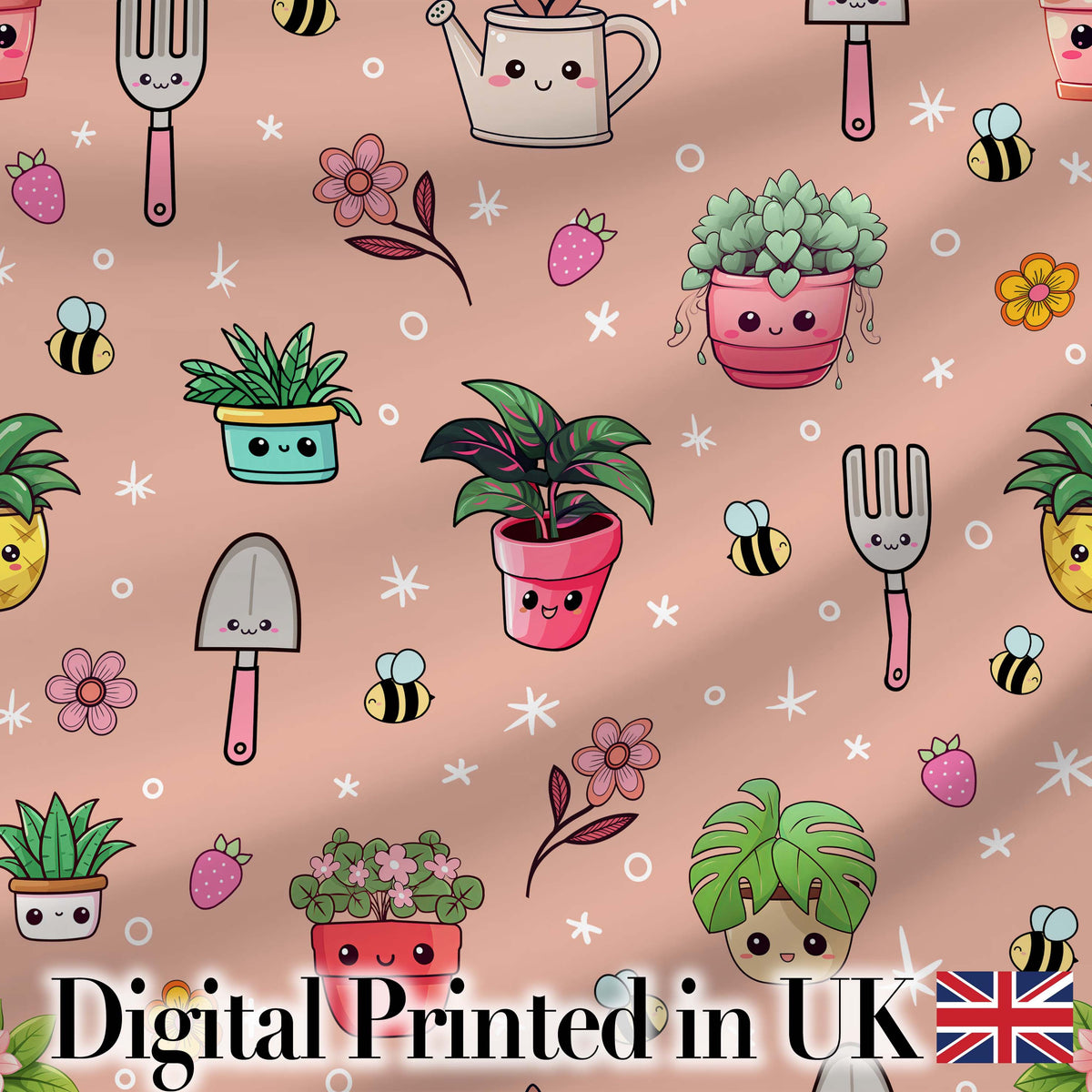 Cute Kawaii Garden Tools Flowers Bees Peach Background Seamless Pattern Digital Print Fabric by the Metre UK Sewing Quilting Textile