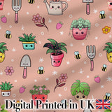 Cute Kawaii Garden Tools Flowers Bees Peach Background Seamless Pattern Digital Print Fabric by the Metre UK Sewing Quilting Textile