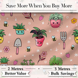 Cute Kawaii Garden Tools Flowers Bees Peach Background Seamless Pattern Digital Print Fabric by the Metre UK Sewing Quilting Textile