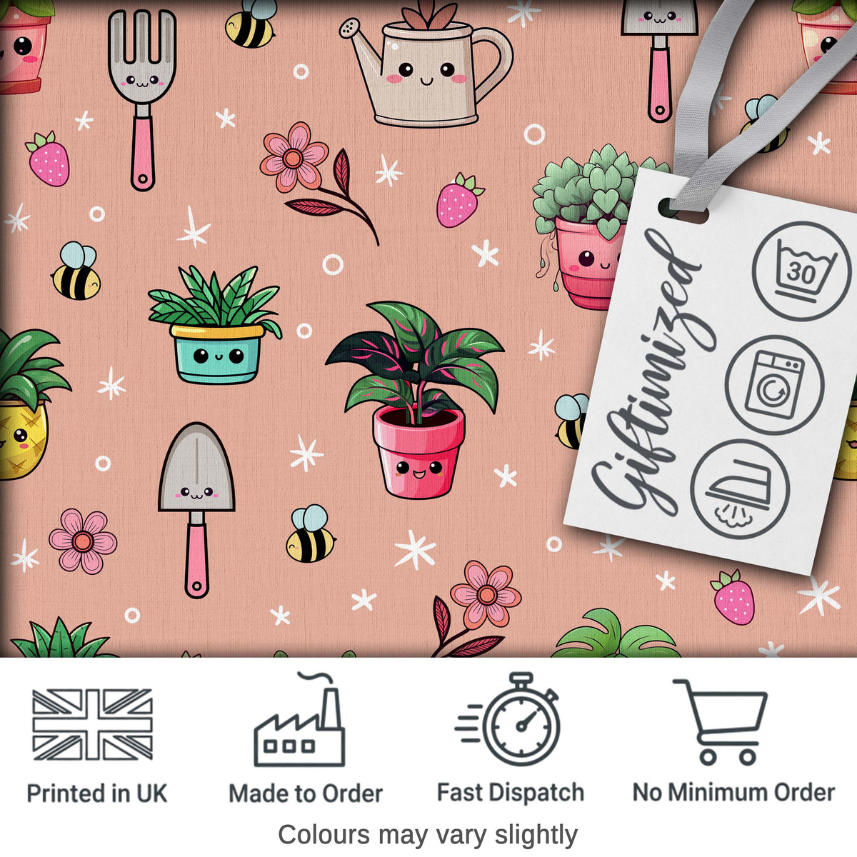 Cute Kawaii Garden Tools Flowers Bees Peach Background Seamless Pattern Digital Print Fabric by the Metre UK Sewing Quilting Textile