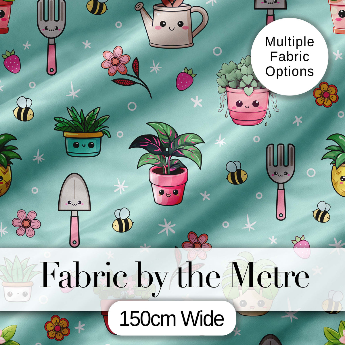 Cute Kawaii Garden Tools Flowers Bees Mint Background Seamless Pattern Digital Print Fabric by the Metre UK Sewing Quilting Textile