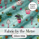 Cute Kawaii Garden Tools Flowers Bees Mint Background Seamless Pattern Digital Print Fabric by the Metre UK Sewing Quilting Textile