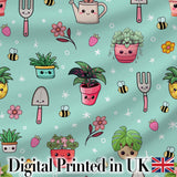 Cute Kawaii Garden Tools Flowers Bees Mint Background Seamless Pattern Digital Print Fabric by the Metre UK Sewing Quilting Textile