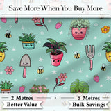 Cute Kawaii Garden Tools Flowers Bees Mint Background Seamless Pattern Digital Print Fabric by the Metre UK Sewing Quilting Textile